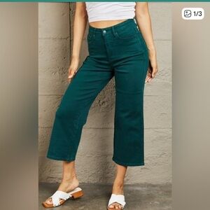 JUDY BLUE Wide Leg High Waist Cropped Ankle Jeans Dark Green Size 7/28